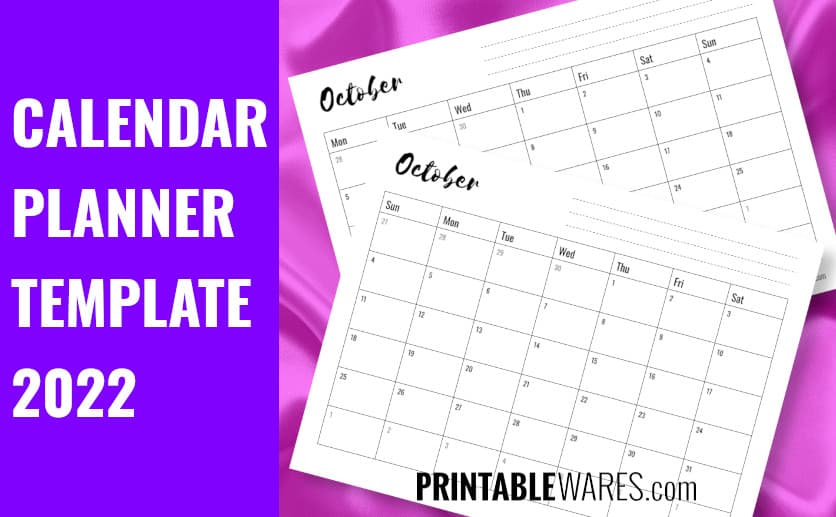 Monthly Calendar Planner Template with Notes Horizontal Format