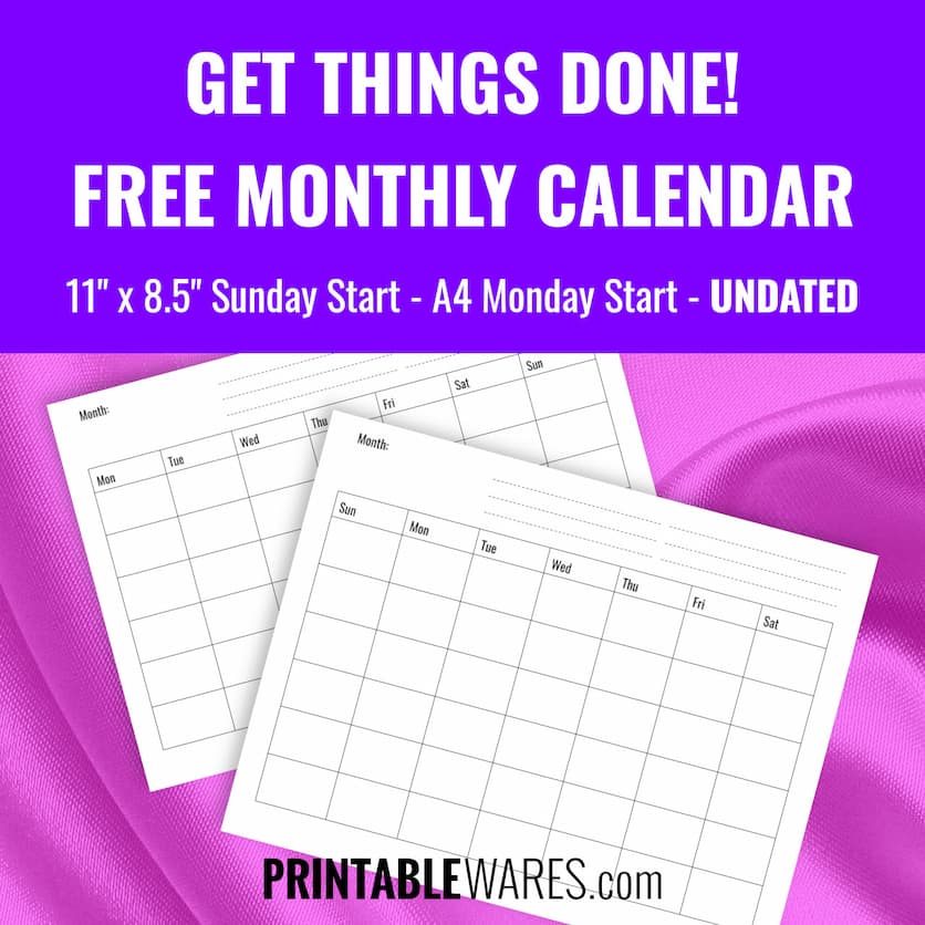 Horizontal Monthly Blank Calendar Template with Notes